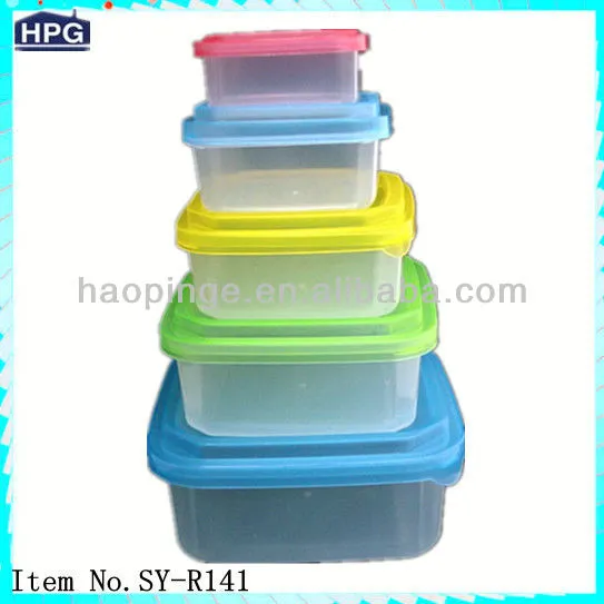 5 Pcs Reusable Plastic Food Storage Containers Set With Multi Color Lids Square