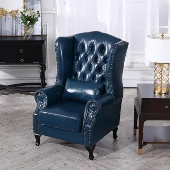 Leather Upholstered High Back Blue Wing Chair for Living Room and Bedroom