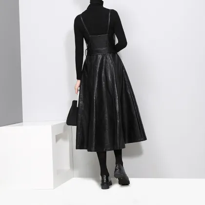 Women's fashion slim black leather skirt strap faux leather skirt