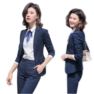 Office Ladies Work Suits Long Sleeve Tuxedo Jacket with Pant Blue Plaid Pant Suit Woman Two 2 Piece Blazer Sets Women Pantsuit