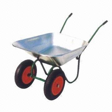 Double Wheel Wheelbarrow with Galvanized Tray, Steel Frame and Rubber Handle Grip