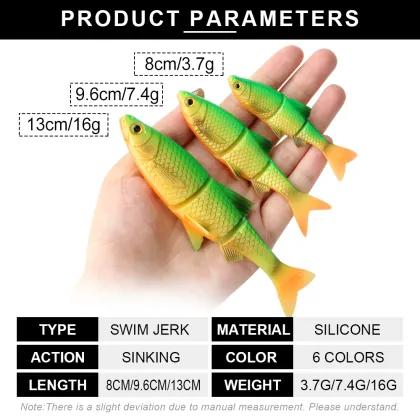 Swimbait Shad Soft Jerk Minnow Bass Fishing Lure - Segmented Body with Forked Tail (8cm/9.6cm/13cm)