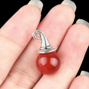 Red Carnelian 12mm Balls & Spheres Silver Wizard Cap Pendant for Making Jewlery Stone Beads Halloween Charms Decor Gift