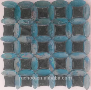 Blue oval glass mix black marble mosaic tile