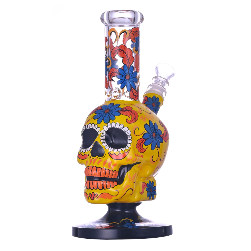 9.4 pulgadas de hippiesglass, bong de vaso de vidrio amarillo dibujado a mano, lindo bong de flores, tubería de agua de vidrio borosilicato, narices de vidrio, mano