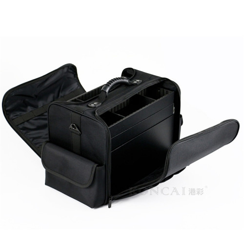 Soft fabric folding cosmetic bag with two-tiered tray box inside nylon portable vanity bag