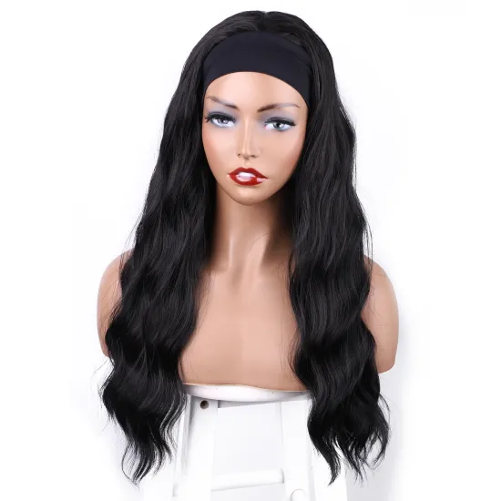 Long black deepwave curly inch good cheap wholesale synthetic headband attached grip wigs black wowen braizilian