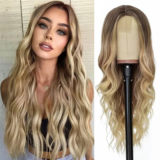 Wholesale Large Inventory of Ombre Brown 4*1 Lace Front Wig Body Wave Curl Long Synthetic Hair Wigs for Black Women