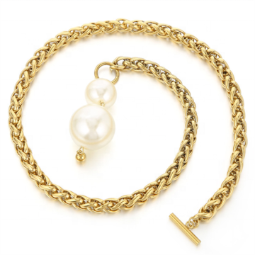 Custom Length Stainless Steel Wheat Link Bracelet with Double Pearl Charm Toggle for Women