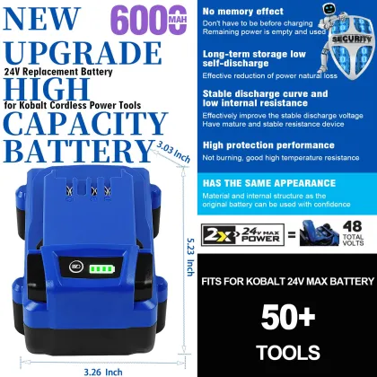 24V 6.0Ah Kobalt Replacement Battery | Lithium Ion Cordless Tool Power Supply