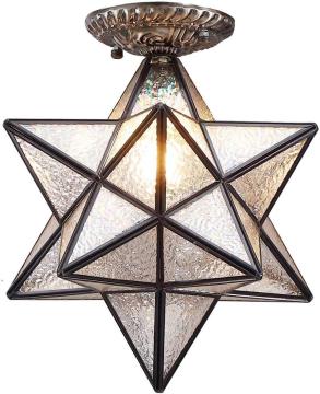 Shinetime Moravian Star Tiffany Style Stained Glass Semi Flush Mount Ceiling Fixture