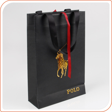 Luxury made embossed and gold stamped logo ribbon closure paper bag