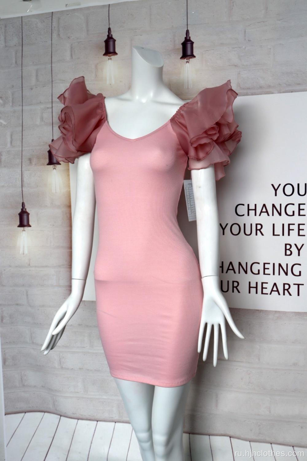 Женское розовое платье с V-образным вырезом и рукавами из органзы