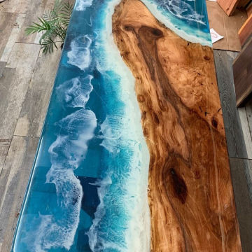 Plus de mobilier en bois de conception: banc long en bois de noyer en résine époxy pour la cuisine, le jardin et le patio