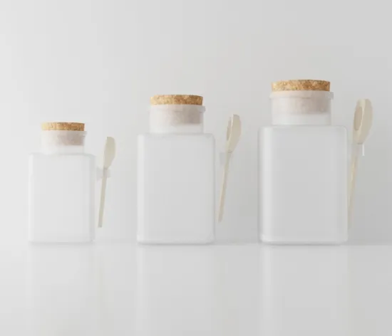 100ml, 200ml, and 300ml Frosted Bath Salt Round Jars: ABS Plastic Cream Powder Bottles with Cork Lids and Wooden Spoons