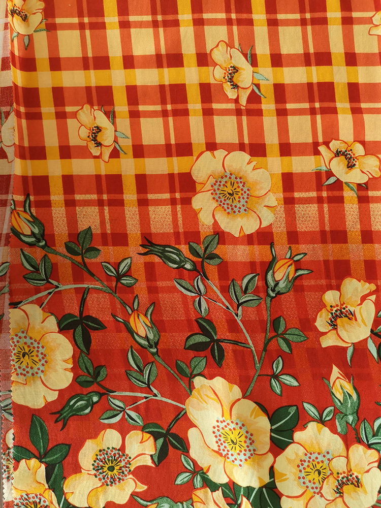 Check Flower Rayon Challis 32S Printing Fabric