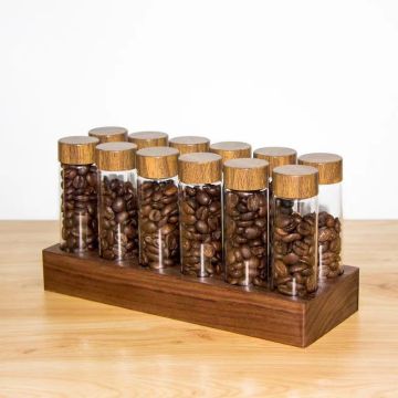 Coffee Bean Tubes with Walnut Wood Base Display Rack