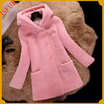 Women Long Overcoat Sheep Shearling Cheap Fur Hood