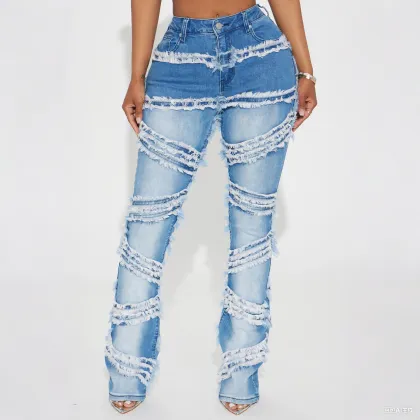 Stretch Flare Jeans Medium Wash Denim With Frayed Fringes