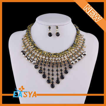 Handmade Crochet Black Rope Bib Indian Necklace Jewelry Set