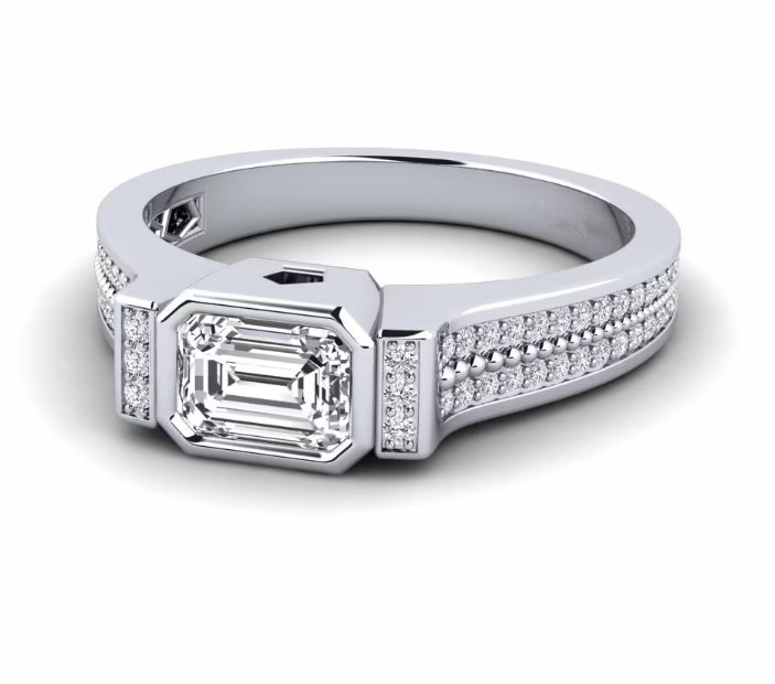 Bezel set แหวนเพชรเจียระไนมรกต ก้านสามแถวเรียงตามแนวนอน