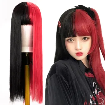 Hot Selling Red And Black Color Middle Part Wig With Bangs Colorful Ombre Long Straight Halloween Cosplay Wig For Girls