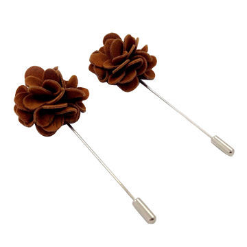 Brooch with alloy pin and suede leather flower, various designs are available