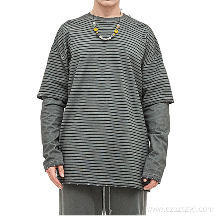 Spring New Batik Frayed Striped Loose T-Shirt