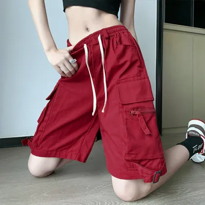 Summer American Fashion Brand: High Waist Polyester Shorts with Large Pockets