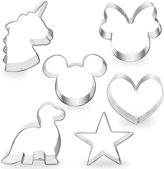 Set of 6 Multifunctional Food Grade Mickey & Minnie Mouse, Unicorn, Dinosaur, Heart, and Star Biscuit, Cake, Fondant, and Pancake Cutters for Kids