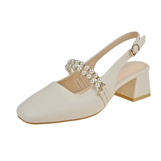 2024 Summer New 4CM Thick Heel Pearl Decorated Square Toe Closed Toe Women's Mary Jane Sandals - Chaussures pour femmes