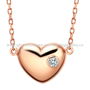 Stylish Heart Charm Necklace, PVD Rose-gold Color, with 1pc Shiny Clear Crystal