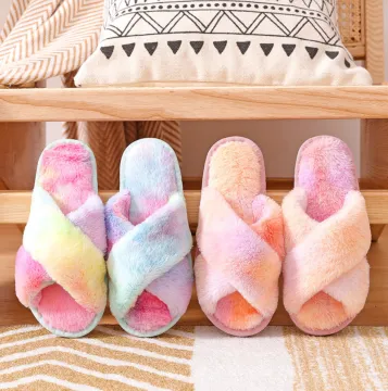 Custom Rainbow Cross Faux Fur Flip Flop Slides Slippers for Women - Soft and Designer Indoor House Shoes