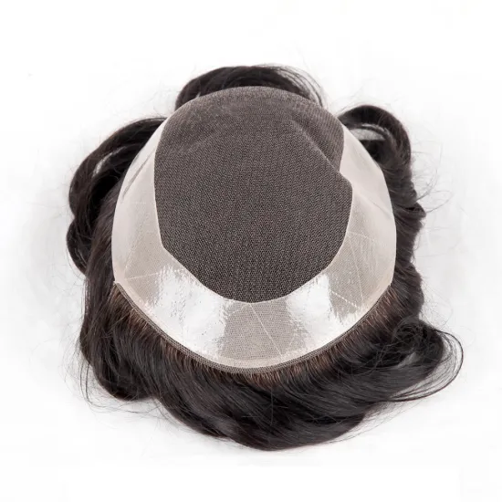 100% Human Hair Toupee For Men With Poly Around,  lace base hair replacement system