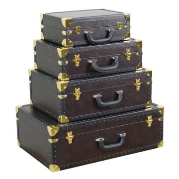 Set of 4 Vintage Wooden Storage Suitcases with PU Leather