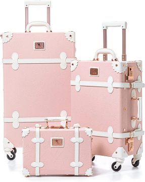 Vintage Pink Embossed PU Leather Suitcase Set - 3 Pcs (20 inch & 26 inch) with 13 inch Train Case for Women