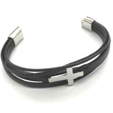 Iywu Aceon Velle Stainless Steel Real Leather Strap Layered Wrap Leather Bracelet with Magnetic Clasp