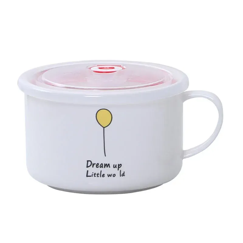 Green Leaf Decal Ceramic Noodle Bowl with Lid