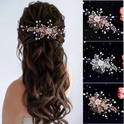 Bridal Crystal Pearl Gold Leaf Princess Headband Crown