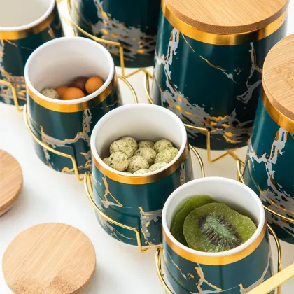 Wholesale Golden Marble Ceramic Storage Jar with Bamboo Lid