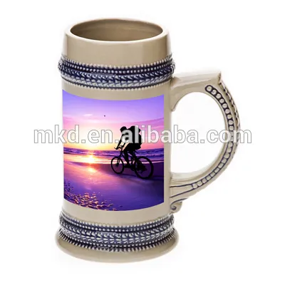 MEIKEDA 20oz White ceramic Sublimation German beer mug with blue belt