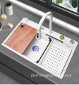 Samtou Nano White Step Kitchen Sink with 304 Stainless Steel Handmade Above Mount Waterfall Faucet - Farmhouse Style