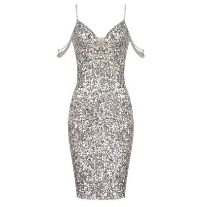 Sleeveless V Neck Sequined Dress For Celebrities