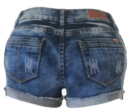 Elastic Roll Edge Hot Pants Ripped Denim Shorts Women Jeans