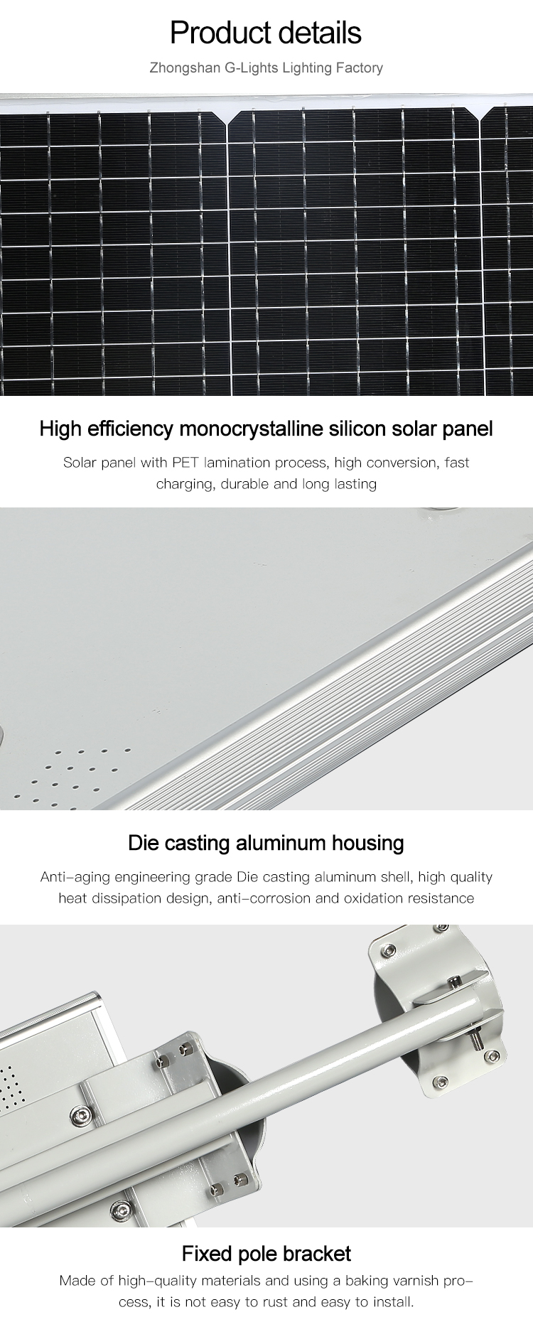 Ip65 all'aperto impermeabile economizzatore d'energia 50W 100W 150W 200W tutto in un lampione principale solare integrato