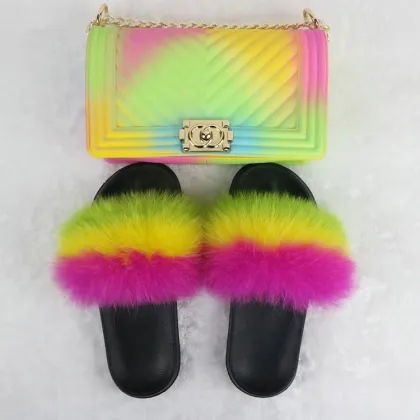 100%Real Fox Fur Slippers Women Fur Slides Rainbow Shoe Cute Fur Flip Flops Women Travel Furry Shoes Jelly Bags Set Fashion Bags