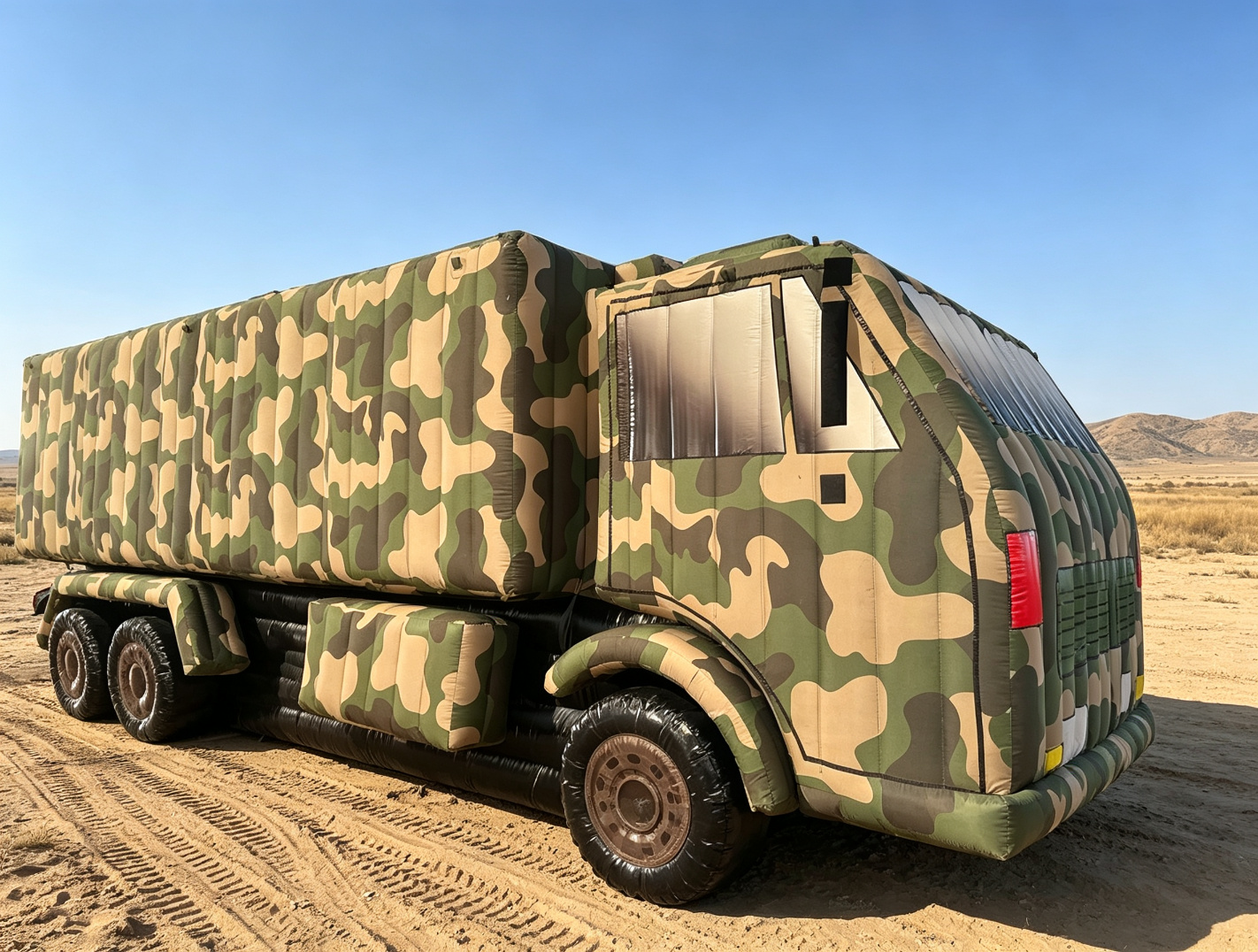 Inflatable military truck decoy in the desert