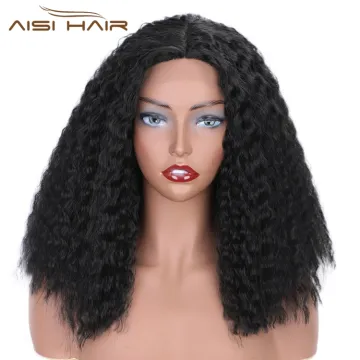 Aisi Hair Cheap Medium Long Natural Black Afro Curly Kinky Front Lace Wig Synthetic Lace Front Wig Hair Wigs For Black Women