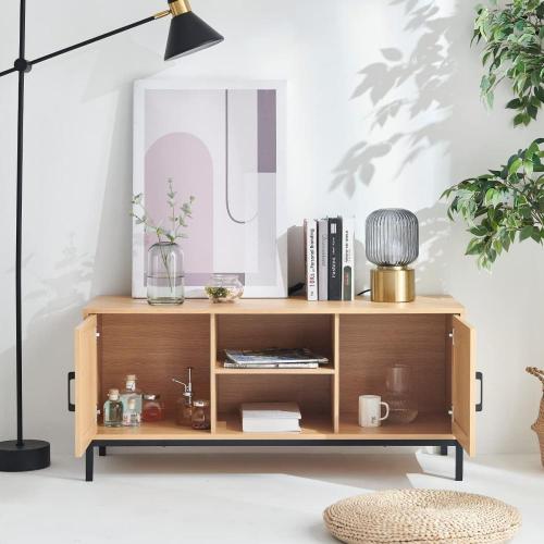 Rattan TV Stand Gabinet, moderno gabinete de medios de comunicación Centro de entretenimiento para televisores de hasta 50 &quot;, mesa de consola de televisión de madera de madera con