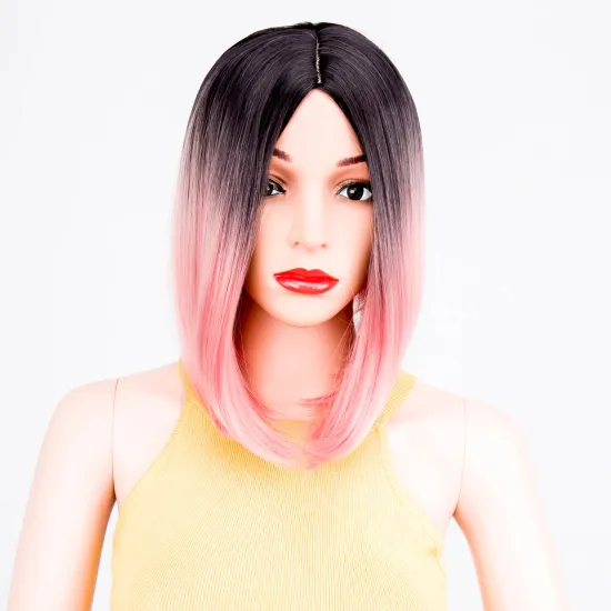 Ombre pink short straight wavy hair vendor high quality premium wholesale synthetic heat resistant wig lace front black women